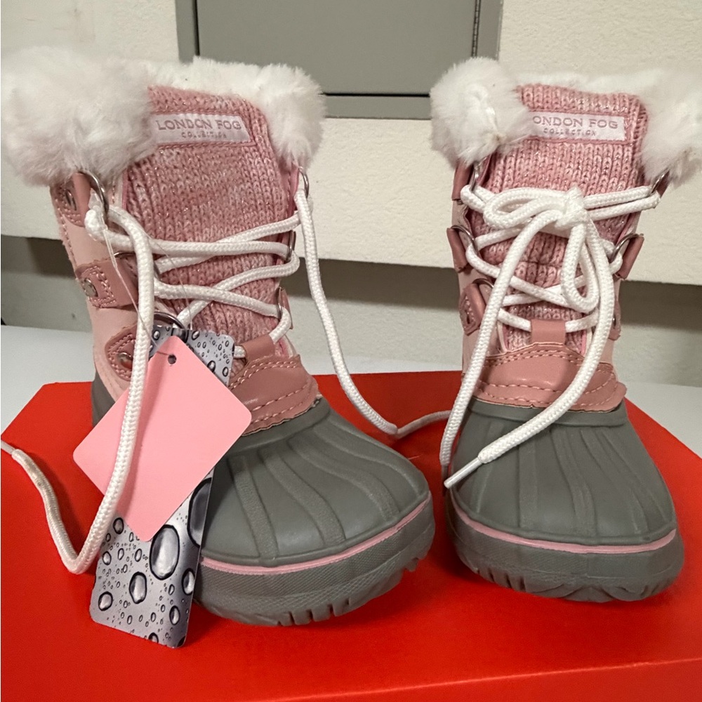 London Fog Pink and Gray Girls Faux-Fur Winter Boots